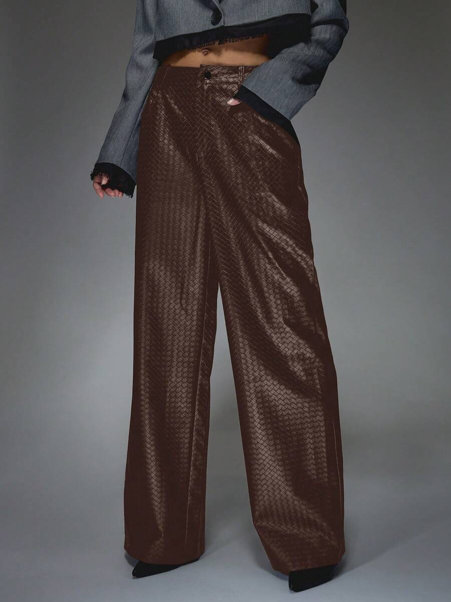 MISSGUIDED 阔腿仿皮纹理长裤 高腰褶裥阔腿裤 编织图案 晚礼服 - 棕色 - 查看 1