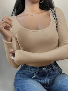 SHEIN BASICS 女士休闲纯色针织圆领长袖修身T恤，升级保暖面料，保暖内衬轻薄不臃肿，秋冬季修身弹力打底衫T恤 - 卡其色 - 查看 5