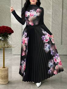 Modelyn 女士印花立领长袖上衣和百褶中长裙两件套 - 黑色 - 查看 6