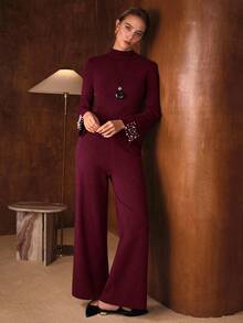 MOTF PREMIUM 2PCS ELEGANT FITTED SWEATER WITH PEARL CUFF DECOR & WIDE LEG KNIT PANTS, AUTUMN/WINTER - Burgundy - View 7