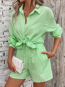 Breezaya Nữ Xuân/Hè dáng rộng trễ vai Áo sơ mi sọc dài tay và quần short Bộ hai món thông thường - Nhiều màu - Xem 3