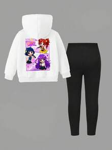 Styles confortables d'automne et d'hiver, ensemble de sweat à capuche et leggings avec imprimé graphique de slogan de groupe de filles virtuelles, mode décontractée créative et personnalisée pour jeunes filles, tenue confortable - Multicolore - Voir 4