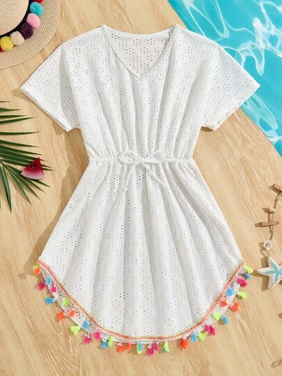 SHEIN Cubrecuerpo informal para niña preadolescente con cuello en V, decoración con flecos y mangas cortas anudadas