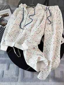 SHEIN All-Over Print Hooded Zip-Up Jacket And Drawstring Waist Long Pants Casual Suit - White - View 3