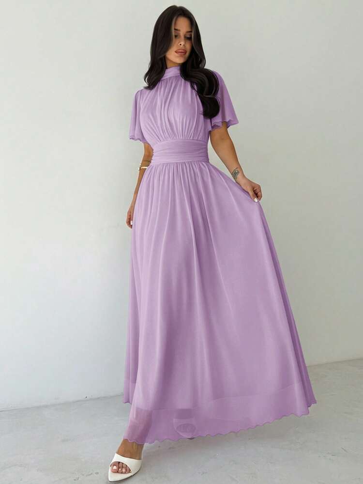 Firerie Vestido Branco Elegante e Romântico para Uso Diário, Viagens à Praia, Gola Padre, Cintura Alta, Plissado, Manga Flare - Lavanda - Visão 3