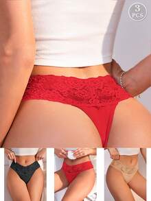 3 件套性感撞色蕾丝丁字裤女士内衣 - 彩色 - 查看 2