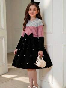Young Girls' Colorblock Crew Neck Long Sleeve Rhinestone Bow Decor Casual Dress, Suitable For Everyday Wear, Spring/Autumn - Multicolor - View 3