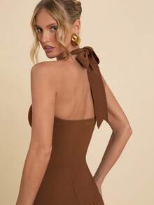 COSMINA Women's Elegant Pleated Halter Dress,Shades Of Brown Summer Sundress For Party,Long Earth Tone Wedding Guest Gown,Suitable For Dates And Gatherings - Rust Brown - View 7