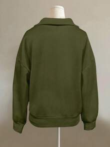 INAWLY 女士宽松开叉拉链领运动衫 - 軍綠色 - 查看 2