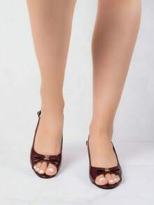 Sandalias de mujer charol brillante lazo decorativo, punta cuadrada, tiras ajustables, tacón medio, elegantes para fiesta y oficina - Burdeos - Ver 3