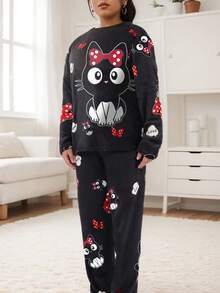 Pijama de mujer de franela con estampado de dibujos animados, Ropa de dormir para invierno, Sets de Pijamas de Mujer - Blanco y Negro - Ver 4