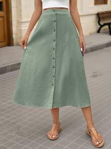 Brillora Women's Front Button A-Line Casual Skirt, - Green - View 3