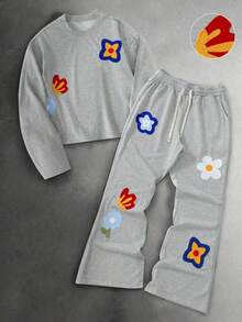 PAVTROS Men's Embroidered Crew Neck Long Sleeve T-Shirt And Drawstring Waist Pants Set Sweatpants Patched Men 2 Piece Set Patched Mens Two Piece Outfit Sweatpants Mens Street Wear Sets Y2k Tracksuit Men Streetwear Old Money - Grey - View 3