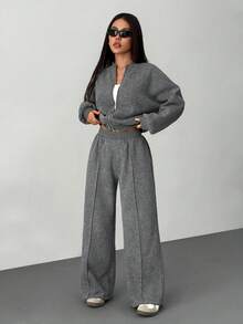 SHEIN PETITE 2025春夏/夏季摇滚音乐节风格女士两件套优雅拉链领长袖外套和直筒运动裤套装，灰色仿雪花印花灰色两件套女士舒适两件套女士灰色两件套运动服 - 深灰色 - 查看 6