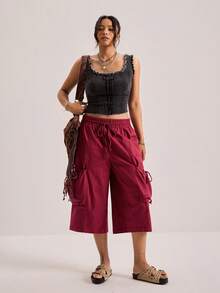 Freevana Quần lửng ống rộng dáng suông, màu trơn, cạp chun, có dây rút, dành cho nữ, quần lửng nữ. - Gỗ đỏ - Xem 3