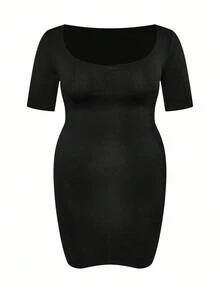 SHAPORA Women's Seamless Short Sleeve Tummy Control Bodycon Dress, Can Be Worn As Plus Size Shapewear Slip Dress, Basic Shaping Skirt For Everyday Wear, Commuting And Home - Black - View 7