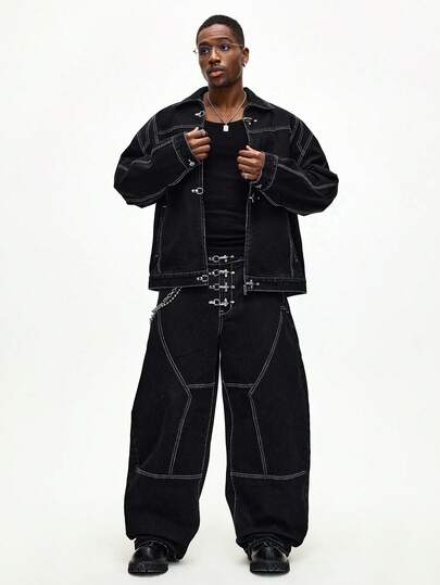 Street Life Jeans de corte holgado con hebilla de avión de moda para hombres