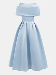 Pitira 少女派对礼服，少女风蓝色缎面，精致金属装饰水钻纽扣，单肩褶裥开衩A字连衣裙，优雅正式婚礼礼服，花童礼服 - 淺藍色 - 查看 3