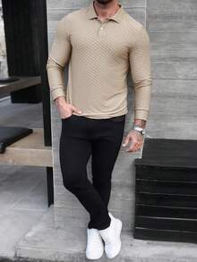 Manfinity CasualCool Men's Long Sleeve Textured Polo Shirt,Khaki,Autumn,Smart Casual,Hiking,Knitted Casual Tops,Old Money Style For Office,Outdoor & Semi-Formal Occasions - Khaki - View 4
