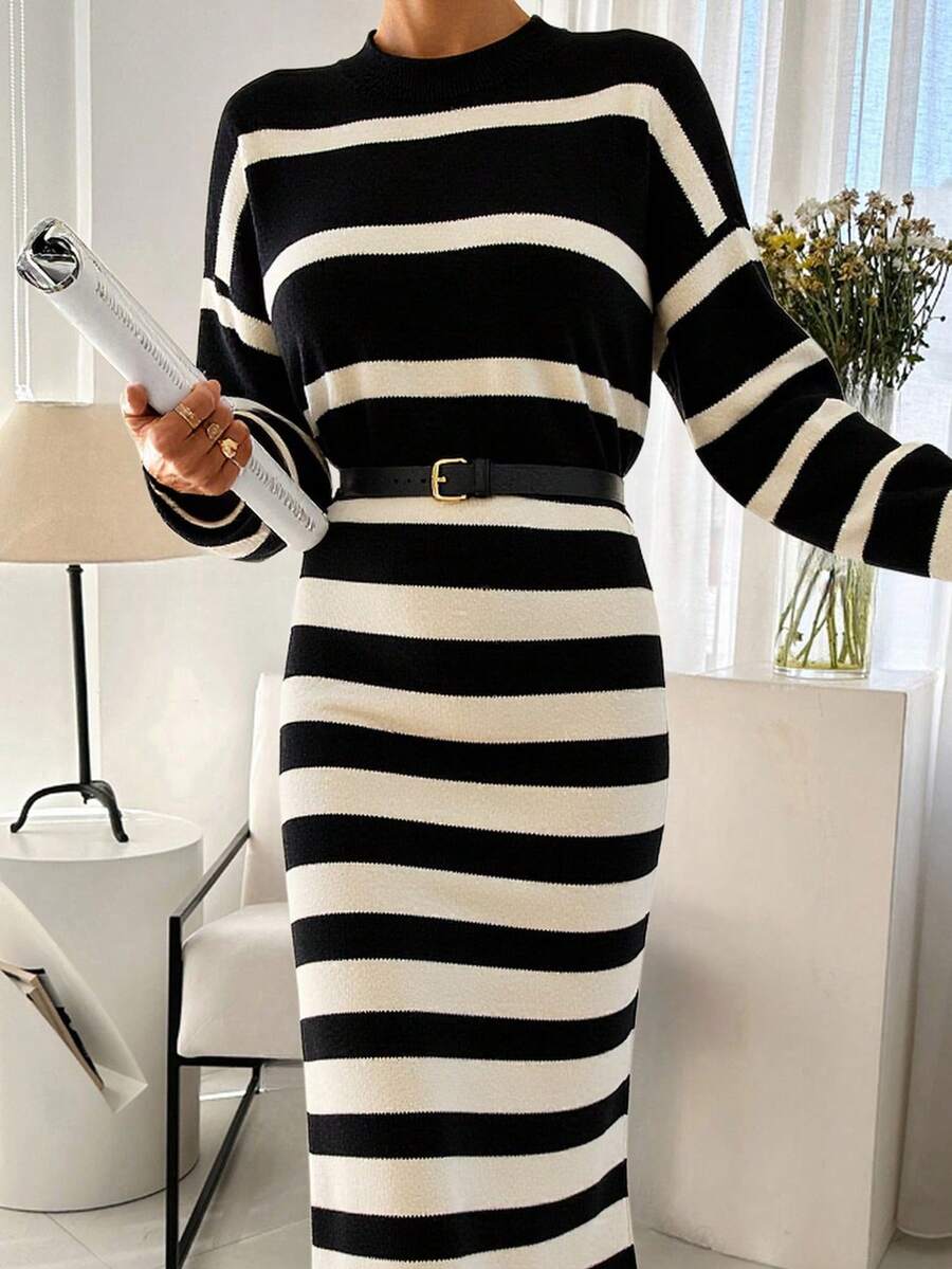 EURMUSE Vestido de suéter largo con cuello redondo y hombros caídos con estampado de rayas para mujer - Negro - Ver 1