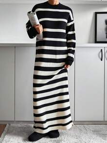 EURMUSE Vestido de suéter largo con cuello redondo y hombros caídos con estampado de rayas para mujer - Negro - Ver 5