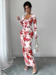 Elenzga Đầm ôm sát cơ thể mini dáng ôm, cổ xếp nếp, buộc eo, họa tiết hoa xanh trắng phong cách mới, gợi cảm, thanh lịch, thu/đông - Đỏ và trắng - Xem 3