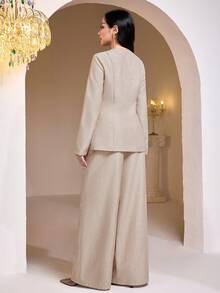 Veilorie Bộ 2 món áo dài tay cổ tròn, cài nút đơn, viền bất đối xứng và quần ống rộng cạp chun thoải mái cho nữ - Màu Khaki - Xem 2