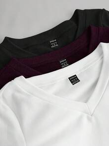 SHEIN EZwear 女士百搭V领褶皱腰部保暖长袖修身T恤，休闲百搭，冬季 - 彩色 - 查看 6