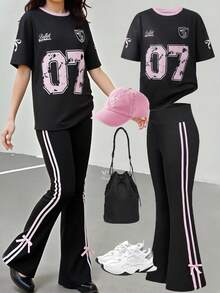 Sparklyn 青少年女孩百搭街头运动针织T恤搭配蝴蝶结+阔腿裤运动服套装 - 黑色 - 查看 1