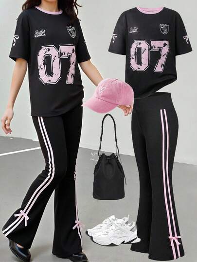 Sparklyn Tonårsflickor All-Match Mångsidig Street Sports Jersey Fit T-shirt Med Rosett + Vida Byxor Träningsoverall Set