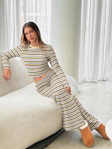 Aloruh Women's Casual Homewear Pajama Set, Includes Striped Crew Neck Long Sleeve Tee And Striped Relaxed Straight Leg Pants, Suitable For Daily Wear, Sports, Autumn/Winter