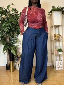 Truni Plus Size Casual Fashionable And Versatile Loose Wide Leg Boyfriend Jeans, For Pear Triangle Body Shape - Blue - View 3