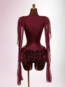 Amplova 女士纯色荷叶边连体裤和亮片短裤魅力两件套 - 酒紅色 - 查看 2