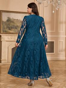 Modelyn Plus Size Solid Color Lace Patchwork V-Neck Elegant Long Sleeve Dress Fall - Teal Blue - View 2