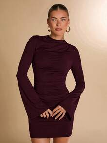 SHEIN BAE 女士高领褶皱迷你修身长袖连衣裙，适合秋冬季节、叠穿、休闲、办公穿着 - 紫紅色 - 查看 5