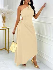 SOLERSUN One Shoulder Cut Out Drawstring Side Asymmetrical Hem Dress Dress Maxi Women Outfit - Apricot - View 1