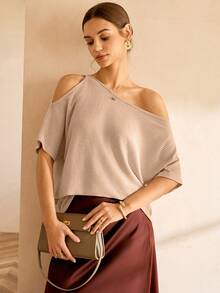 Lymera Nueva Camiseta de Manga Larga de Mujer de Moda Versátil, Minimalista, Elegante, Textura Acanalada, Cuello Asimétrico, Hombros Abiertos, Informal y de Negocios, Suave y Cómoda - Albaricoque - Ver 2