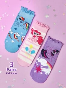 My Little Pony X SHEIN 3双装女童纯棉柔软透气吸湿儿童中筒袜，彩色条纹可爱卡通图案，加固趾部和后跟，经久耐穿，四季皆宜，适合学校和户外活动，夏季和冬季均可穿着。 - 彩色 - 查看 2