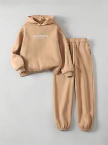 Ontre 2件套Tween Girl字母图案连帽衫和慢跑裤套装 - 咖啡棕 - 查看 1