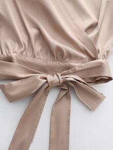 Franclia Bộ áo cổ bẻ thắt nơ phía trước và quần ống rộng thanh lịch dành cho nữ, phù hợp để mặc đi làm, đi chơi, hẹn hò và mặc hàng ngày, mùa xuân/thu - Nhiều màu - Xem 7