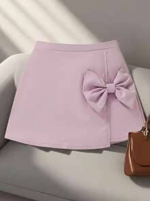 SHEIN Sparklyn Young Girls' Valentine's Day Party Elegant Office Lady Layered Bowknot Red Skirt,Holiday,Summer,Travel - Pink - View 2