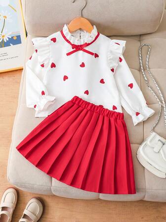 Elladie kids 2 st/set för ung flicka, casual, hjärtmönster, långärmad tröja och veckad kjol, lämplig för vardagligt utomhusbruk, höst/vinter