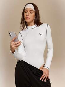 Hanevo 女士时尚优雅撞色刺绣图案高领连体衣，修身长袖 - 白色 - 查看 7