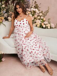 SHEIN Valentine's Day White Maternity Elegant Heart Print Sleeveless Spaghetti Strap Dress For Pregnant Women,Autumn New Year Pregnancy Dress For Photoshoot - Burgundy - View 1
