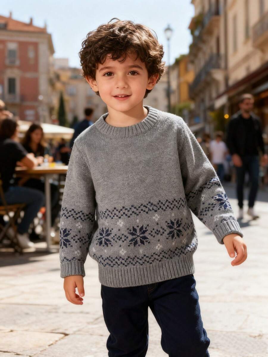 Young Boys Warm Jacquard Knit Pullover Sweaters, Elegant Gentleman Style Suitable For Boys Outings, Gatherings, Christmas Wear