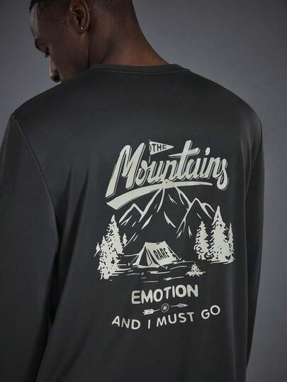 Driftmere 男士休闲圆领卫衣，风景艺术户外山地帐篷图案，街头风格必备单品，适合秋季、健身/训练/跑步等场合，舒适卫衣