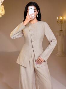 Veilorie Bộ 2 món áo dài tay cổ tròn, cài nút đơn, viền bất đối xứng và quần ống rộng cạp chun thoải mái cho nữ - Màu Khaki - Xem 5