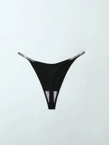 SHEIN Women's Fashionable Sexy Glitter Ribbon Thong Panties Micro Bikini Pearl Panties Rhinestone Panties Rhinestone Thong String Bikini Panties - Black - View 2