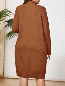 Plus Size Long Sleeve Knitted Sweater Dress With Pockets In Fall/Winter - Brown - View 2