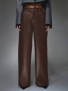 MISSGUIDED 阔腿仿皮纹理长裤 高腰褶裥阔腿裤 编织图案 晚礼服 - 棕色 - 查看 5